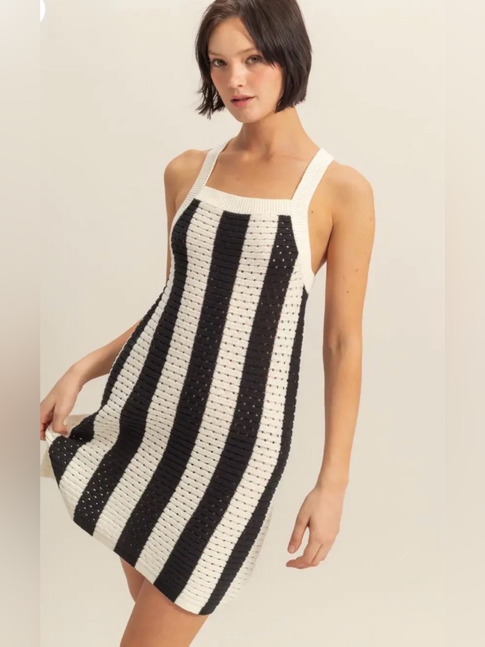 Striped crochet Knit Tank Dress in Cream and Black